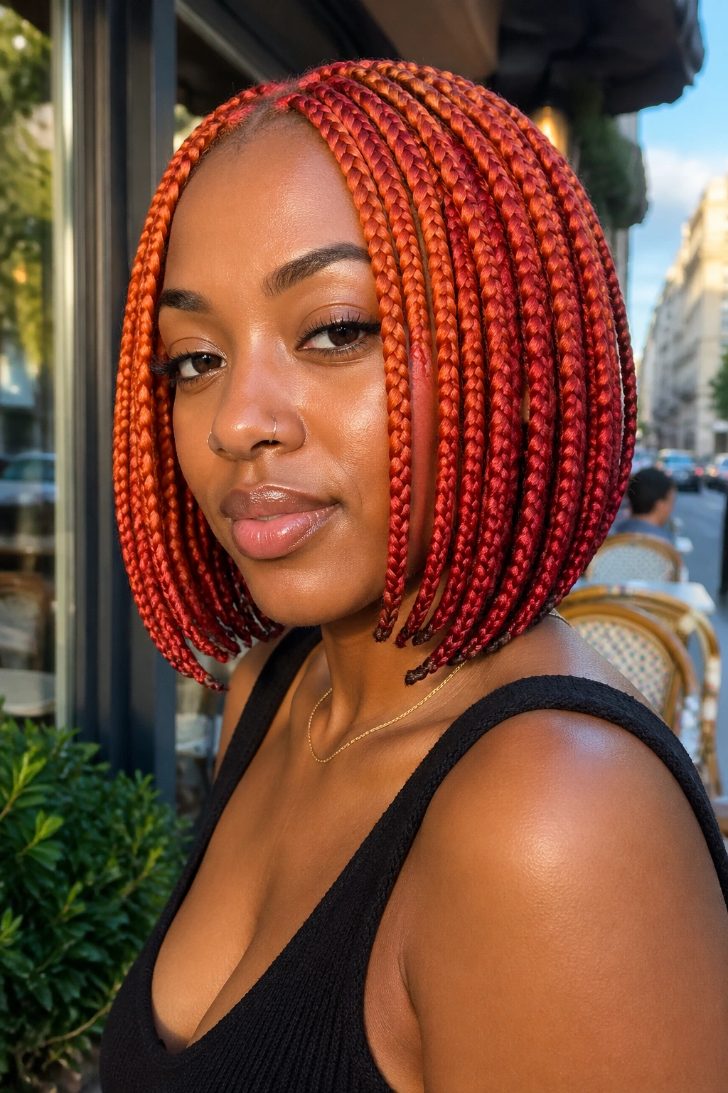 Real person with braided bob in orange-red gradient.