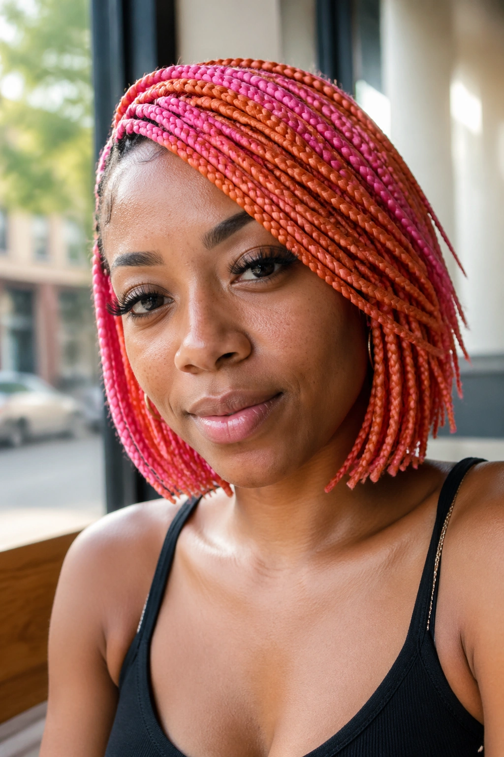 Close-up portrait of a real woman with an orange and pink braided bob swept to the side