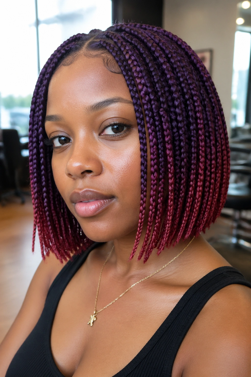 Close-up of a real person with a braided bob featuring purple base and red tips under natural light.
