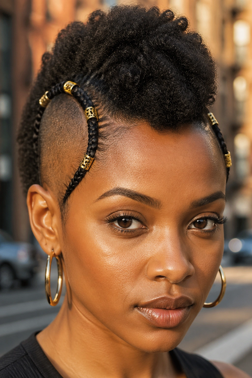 Close-up of a woman with a braided-border Mohawk outdoors at golden hour
