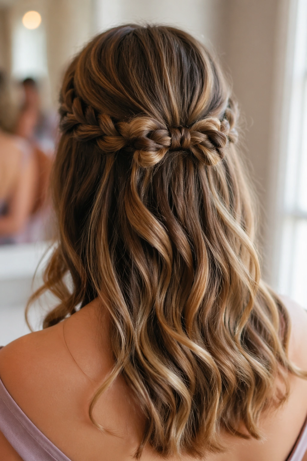 Real woman with a small braided bow half-up hairstyle