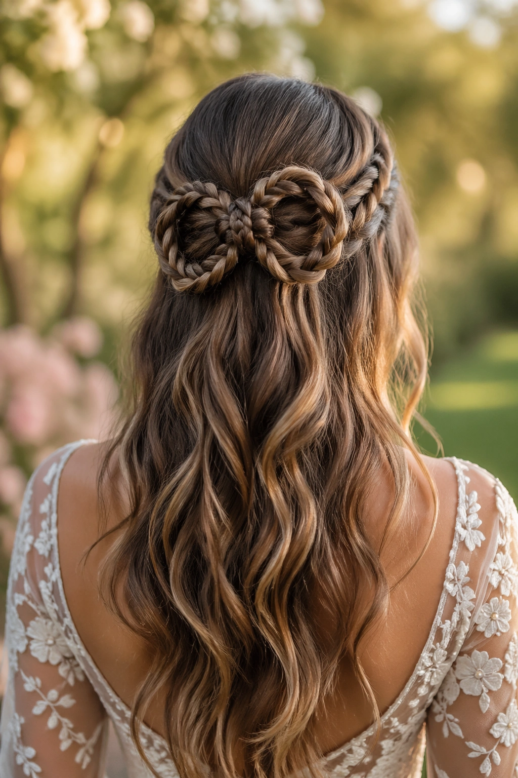 Back view of braided bow half-up hairstyle on real bride