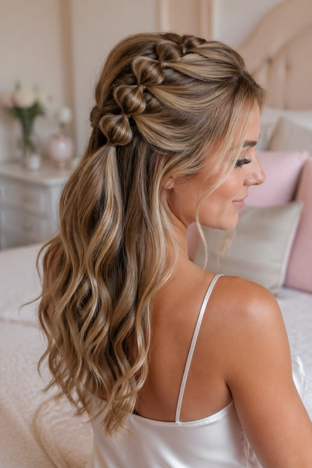 Close-up of real person wearing braided bubble half-up with evenly spaced bubbles and soft waves