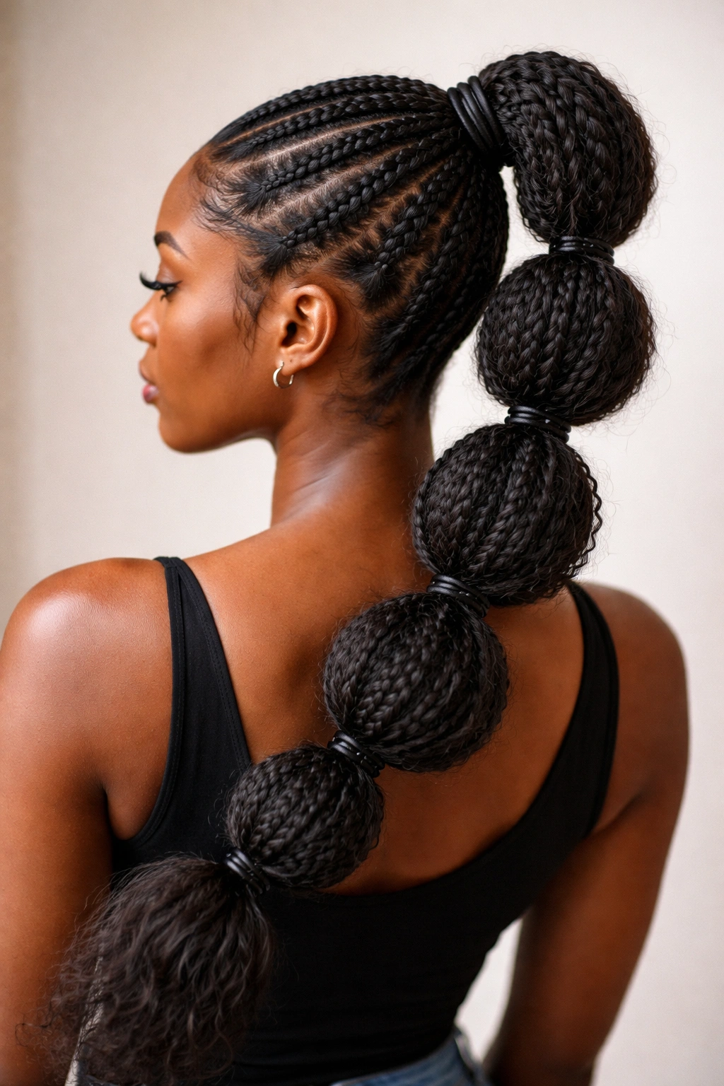 Bubble ponytail with braided bubbles along the length