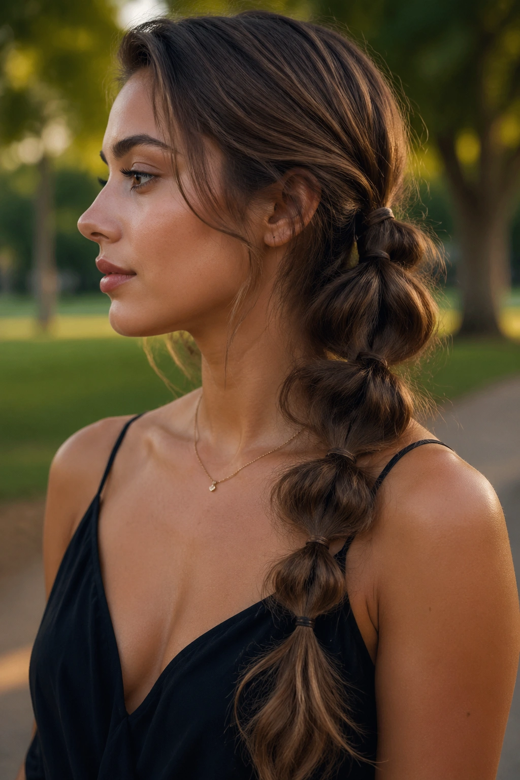 Close-up of a real woman with a braided bubble side ponytail in a park at golden hour