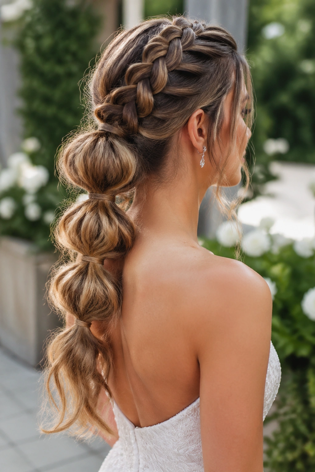 Profile view of bride with braided bubble ponytail