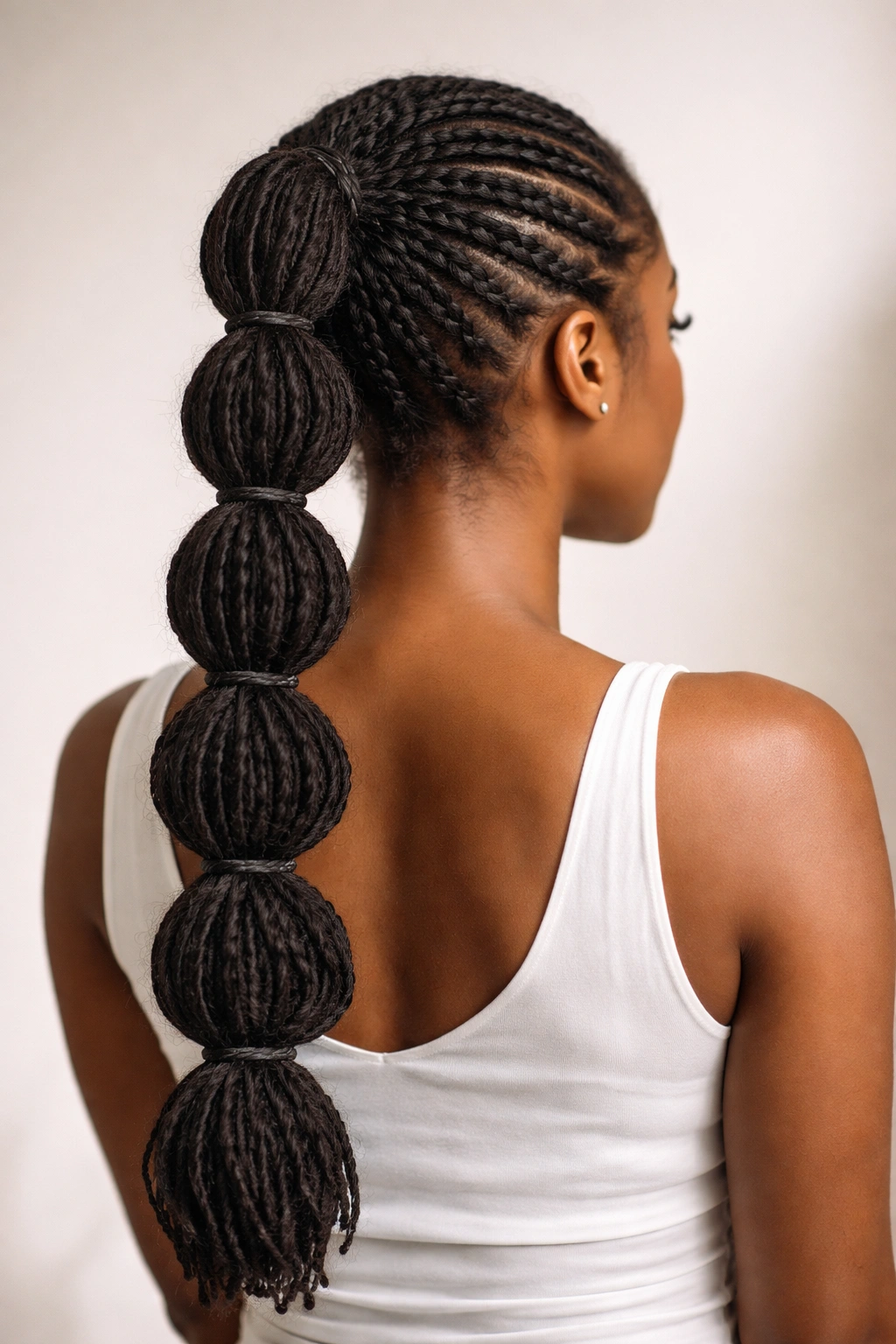Close-up of braided-into-bubbles ponytail on locs showing braid-to-bubble transition in soft studio light