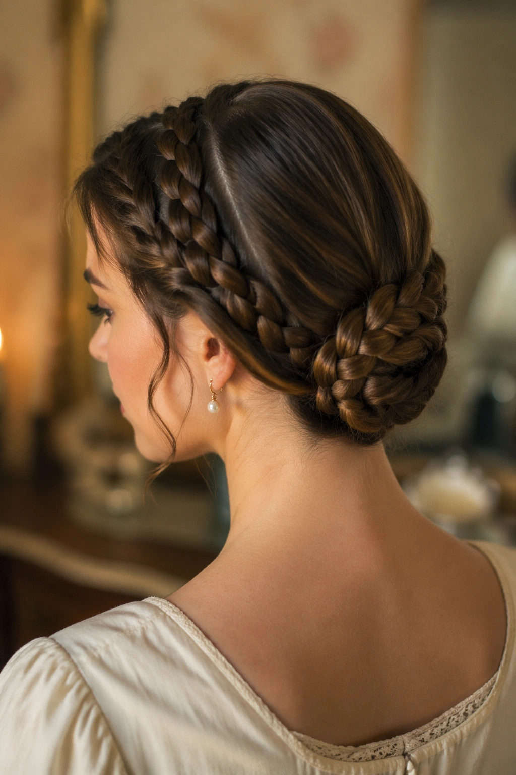 Portrait of a woman with braids forming a low bun and a center part