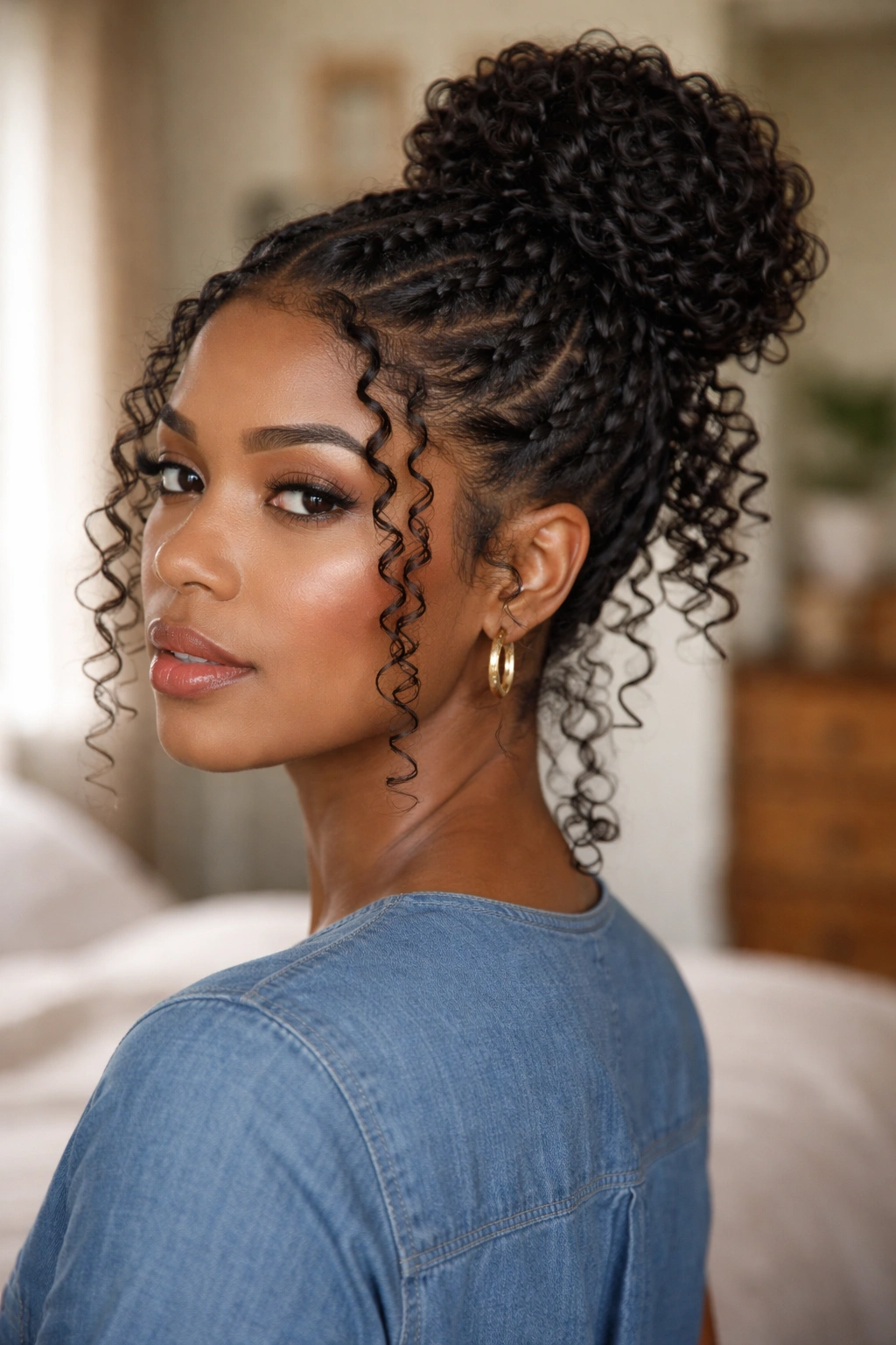 Close-up of a real woman's braided base bun with free-hanging curls in warm window light
