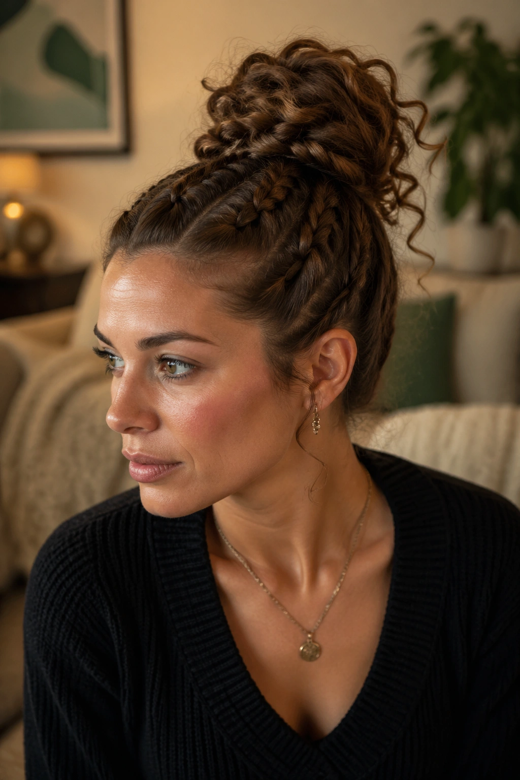 Close-up portrait of a real person with a braided bun and curly ends.