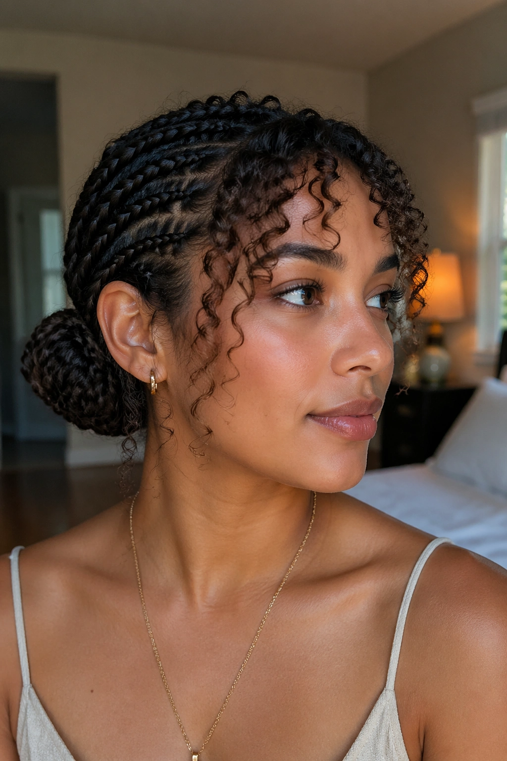 Close-up of a real woman with a braided bun and curly fringe under natural window light