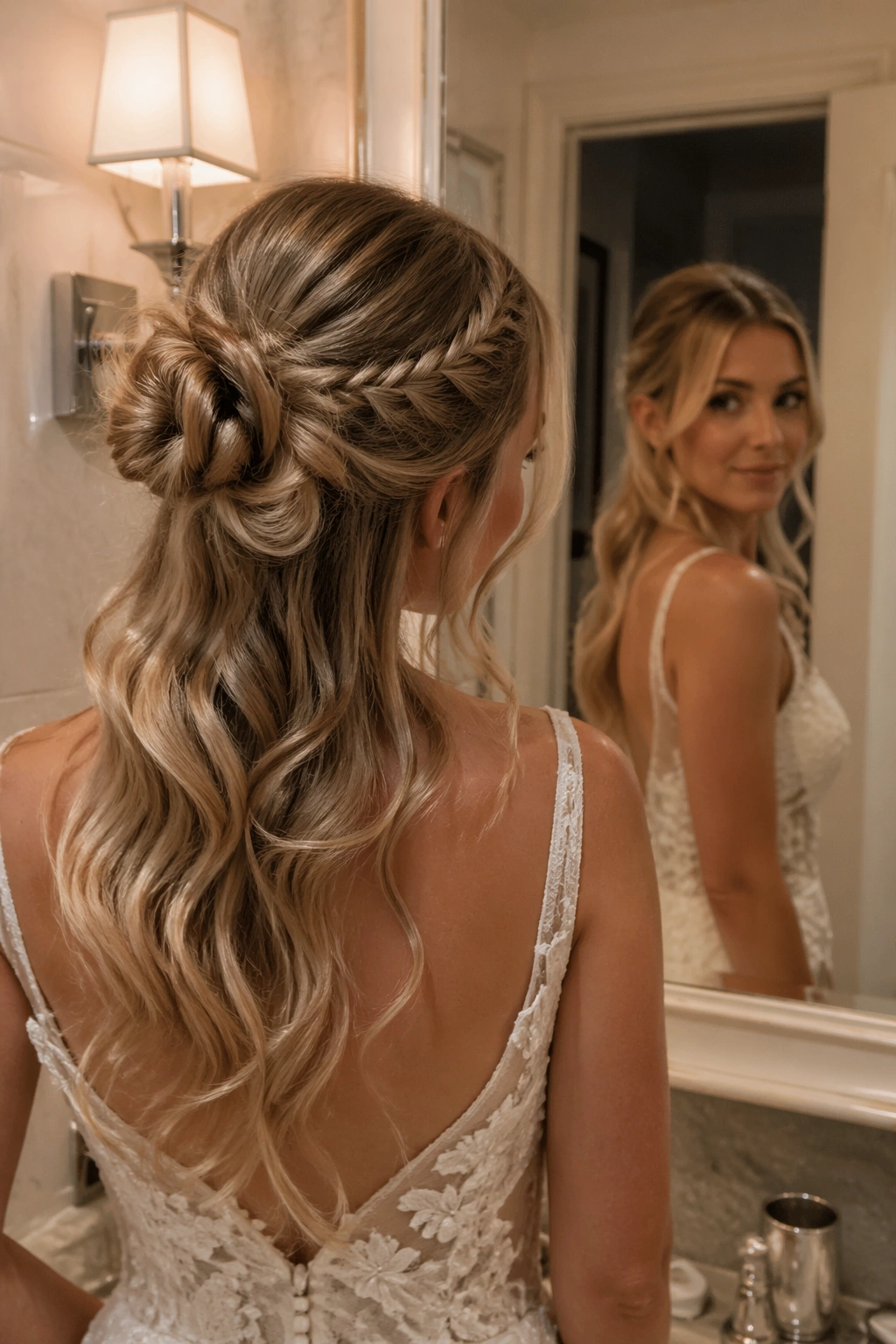Braided accent bun framed by loose waves seen from behind in mirror