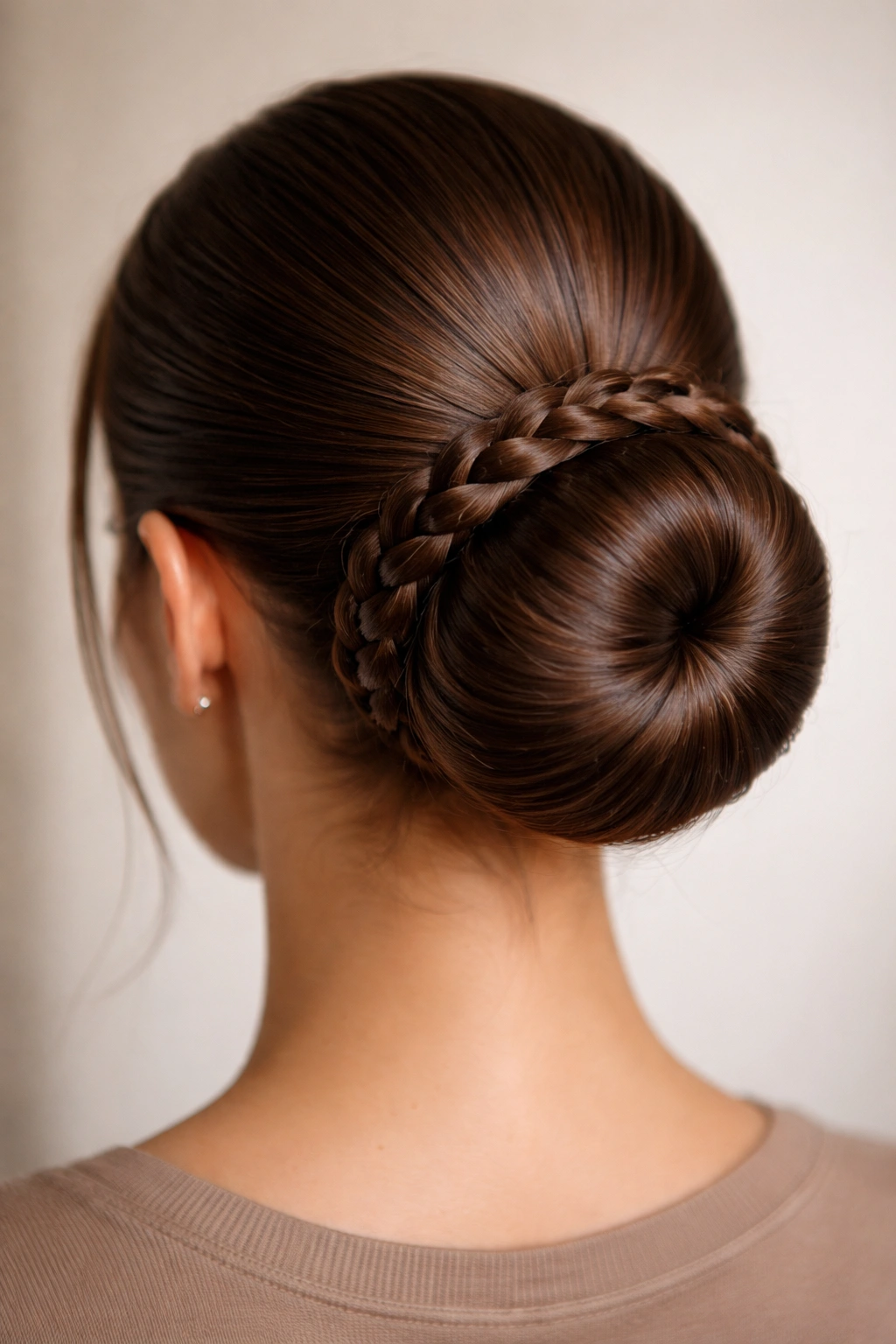 Close-up of a sleek bun with a braided halo around the base