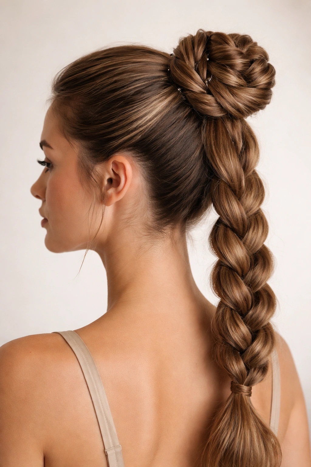 Close-up of a high ponytail with a long braid wrapped into a bun.