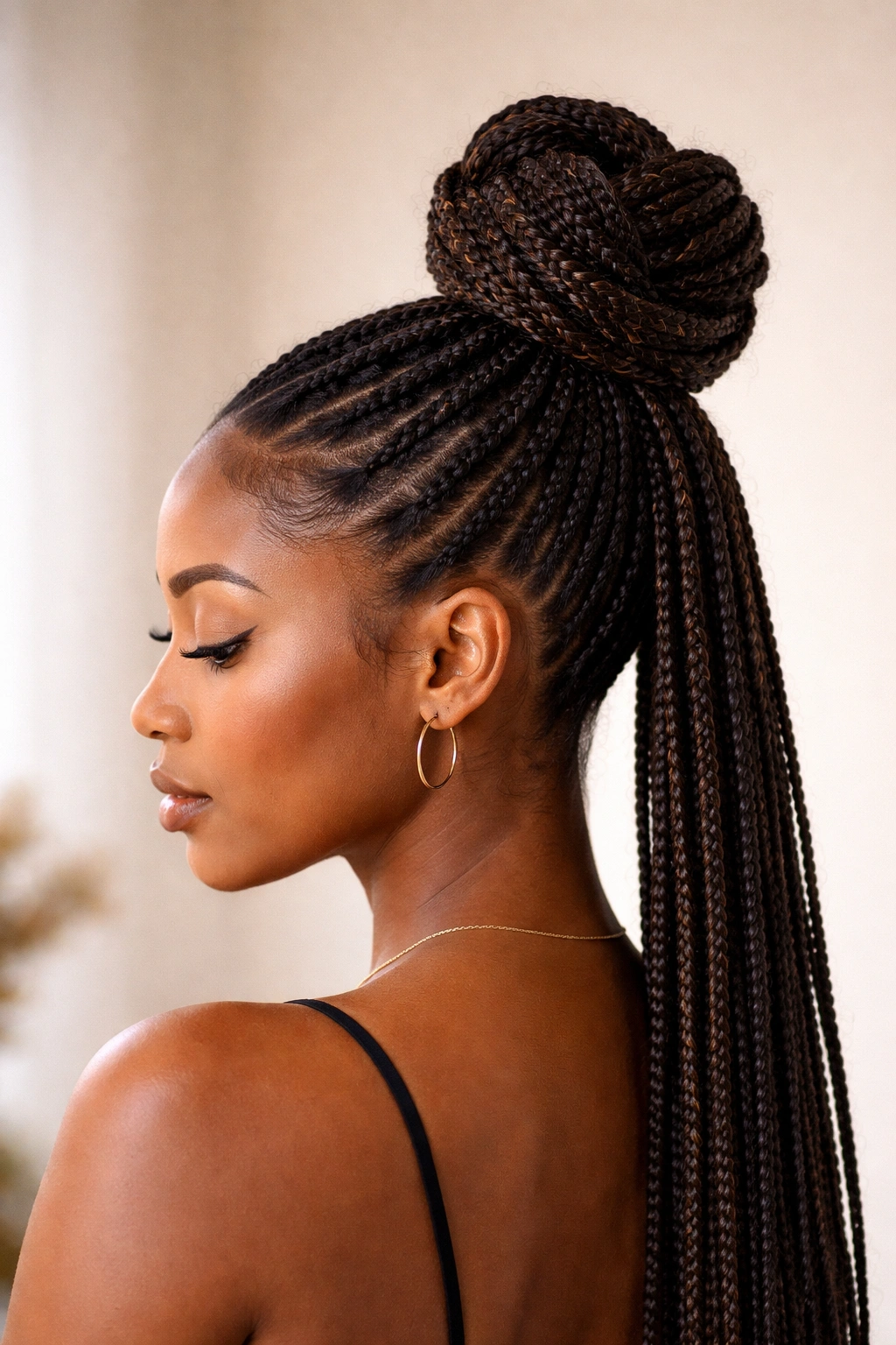 Close-up of knotless braids styled into a high ponytail with a bun