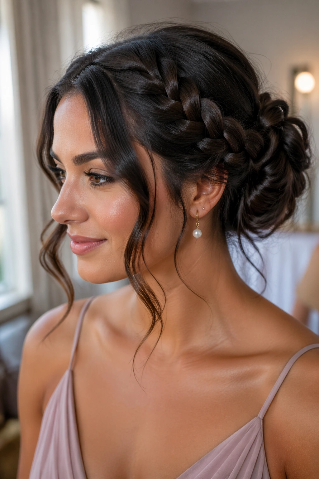 Real woman with braided bun and loose front waves in bridal suite