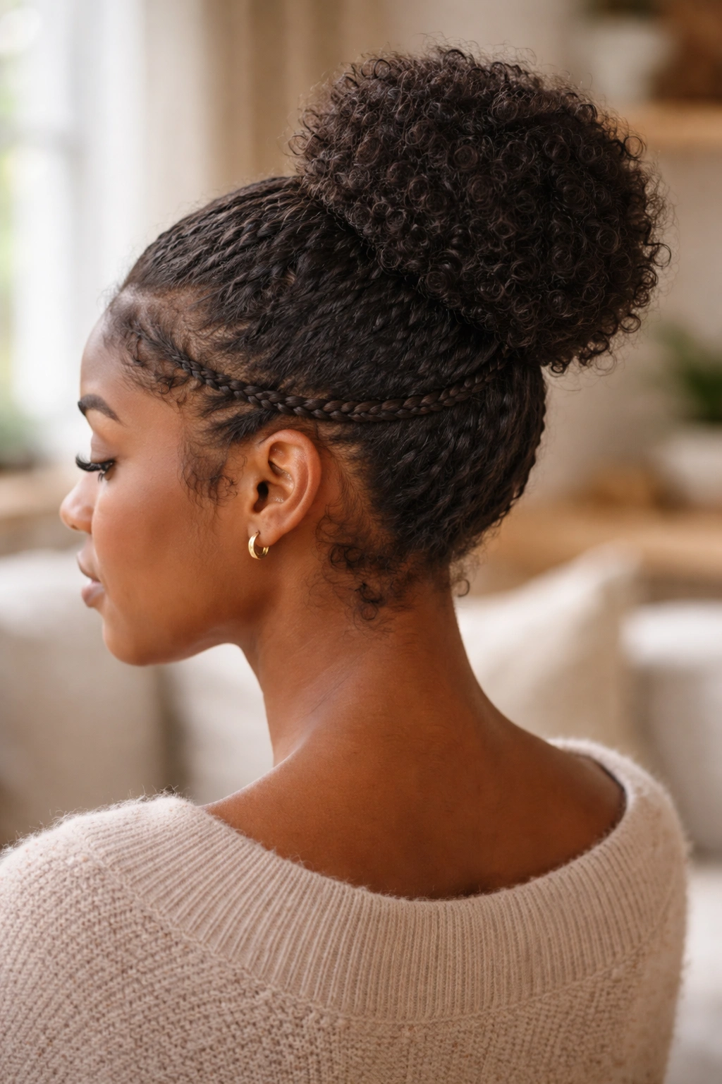 Close-up of a real person with a bun and braided detail at the base.