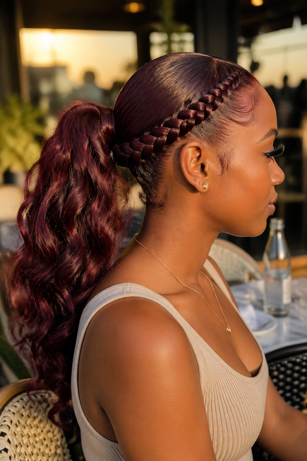 Close-up of a real woman with braided burgundy swoop merging into ponytail.