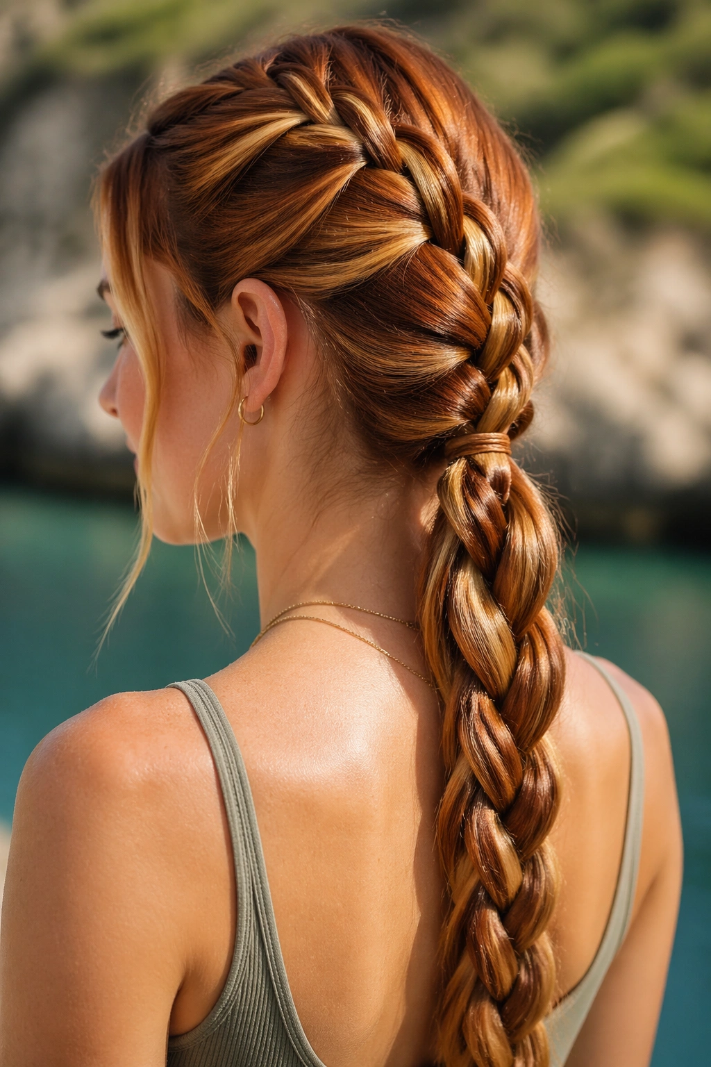 Close-up of a real woman's braided copper ponytail with highlights