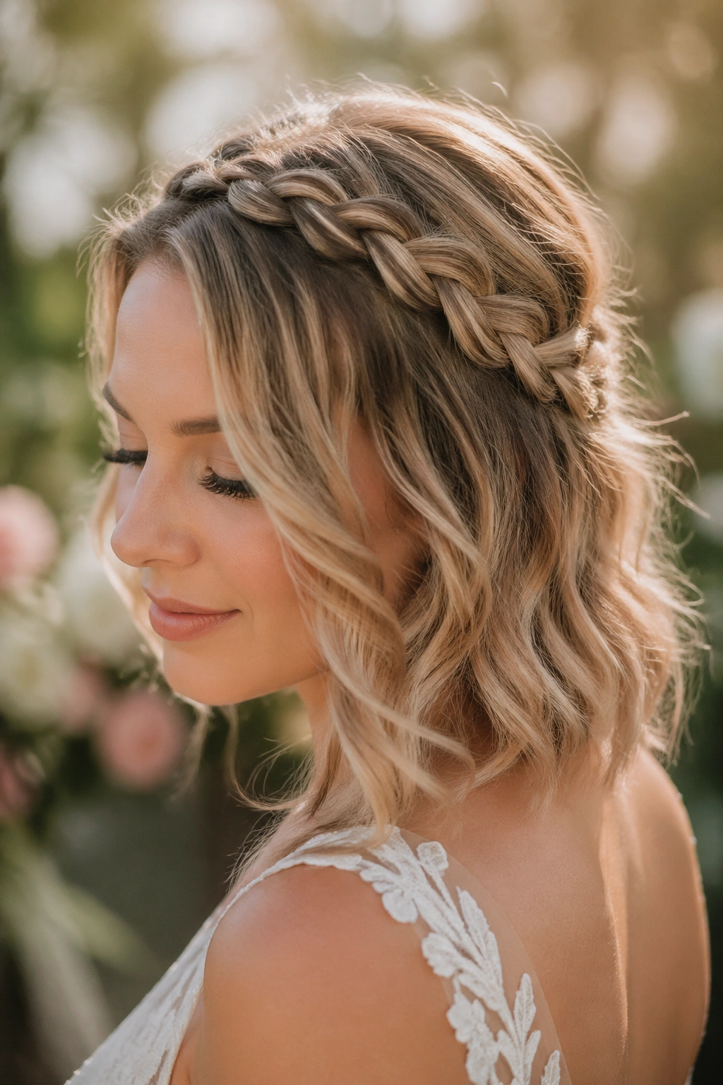 Close-up of a real bride with a braided crown accent and shoulder-length waves.