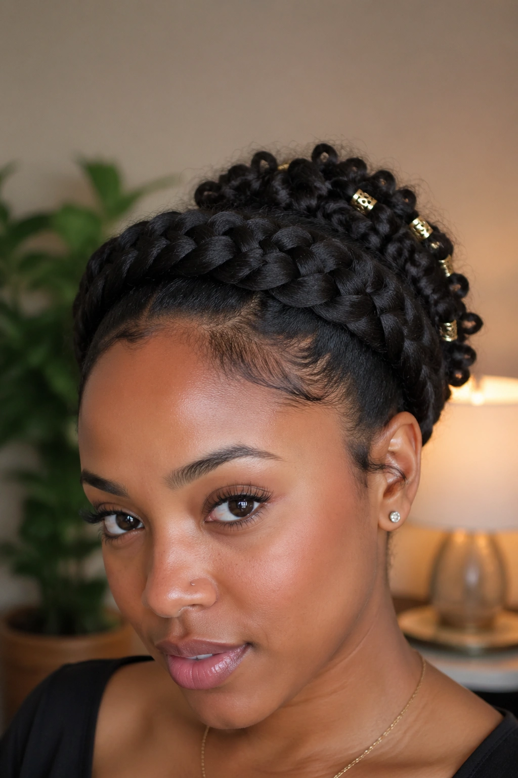 Close-up of a real person wearing a braided crown with tucked beads
