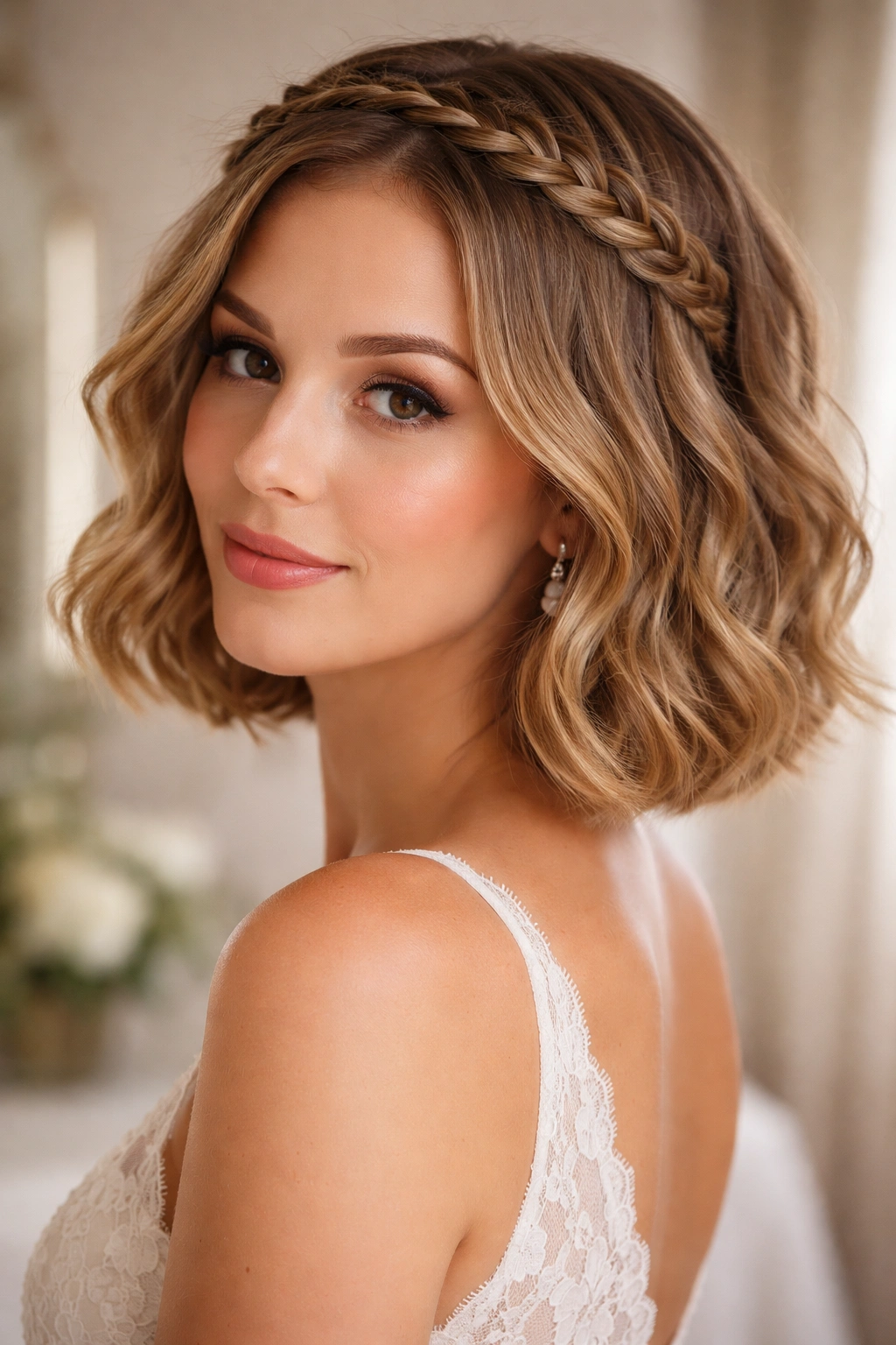 Portrait of a real woman with braided-crown bob and loose waves