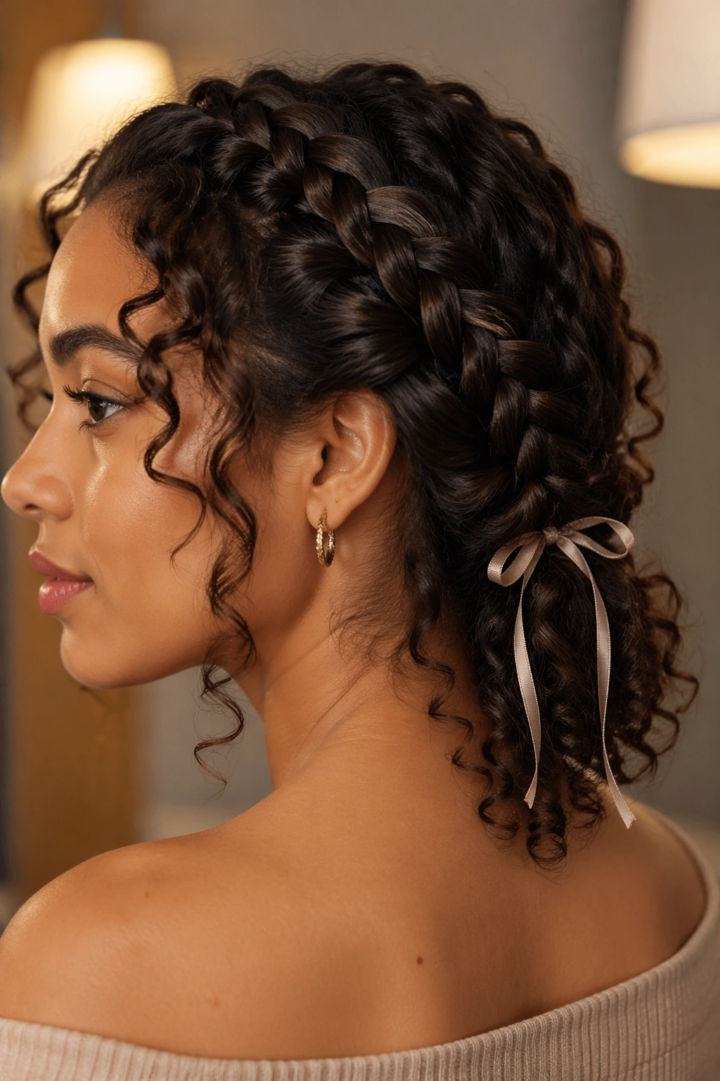 Close-up of a real woman with a braided crown ending in a bow at the nape.