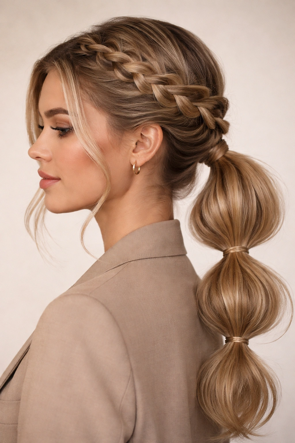 Model showing braided crown flowing into a bubble low ponytail.
