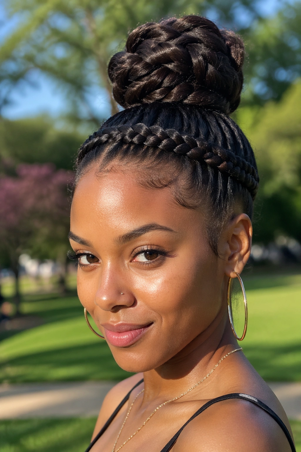Close-up portrait of a real Black woman with a braided crown feeding into a high bun in sunny outdoor light.