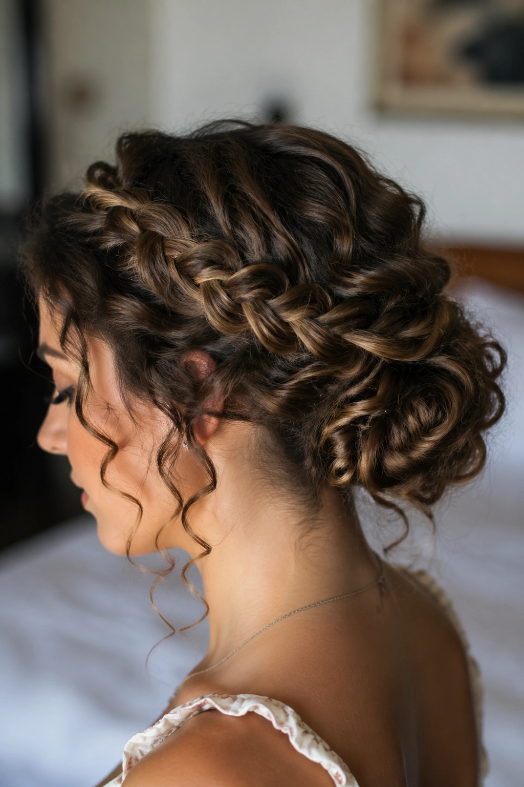 Close-up of a real person with a braided crown leading into a low bun