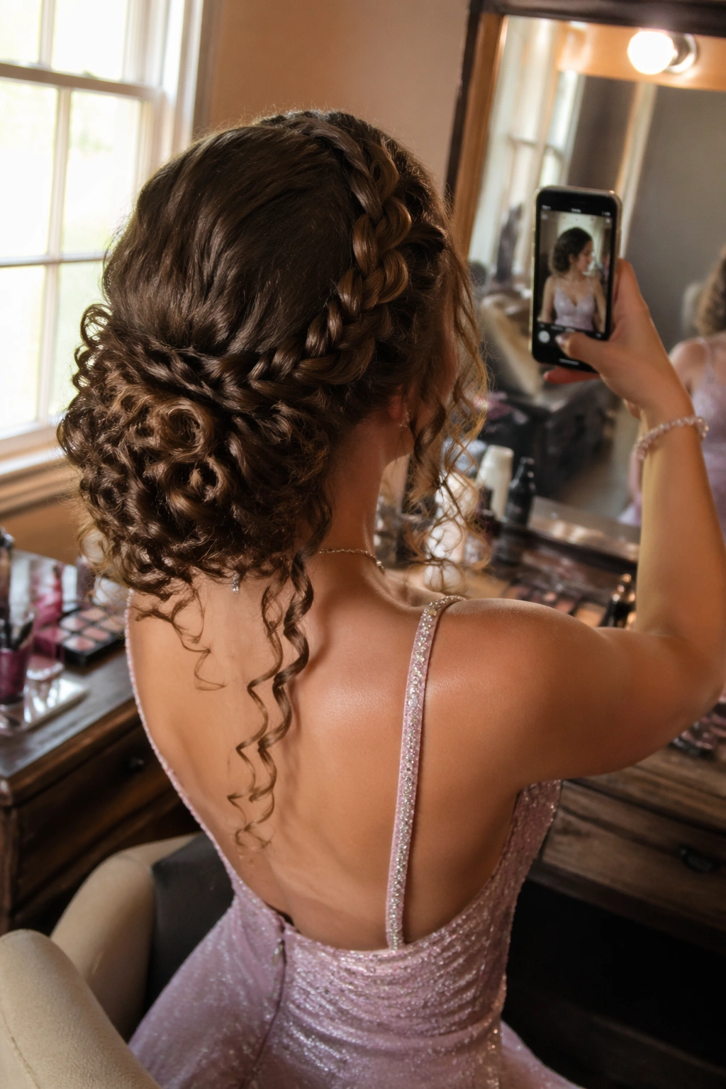 Over-the-shoulder view of braided crown bun with defined spirals.