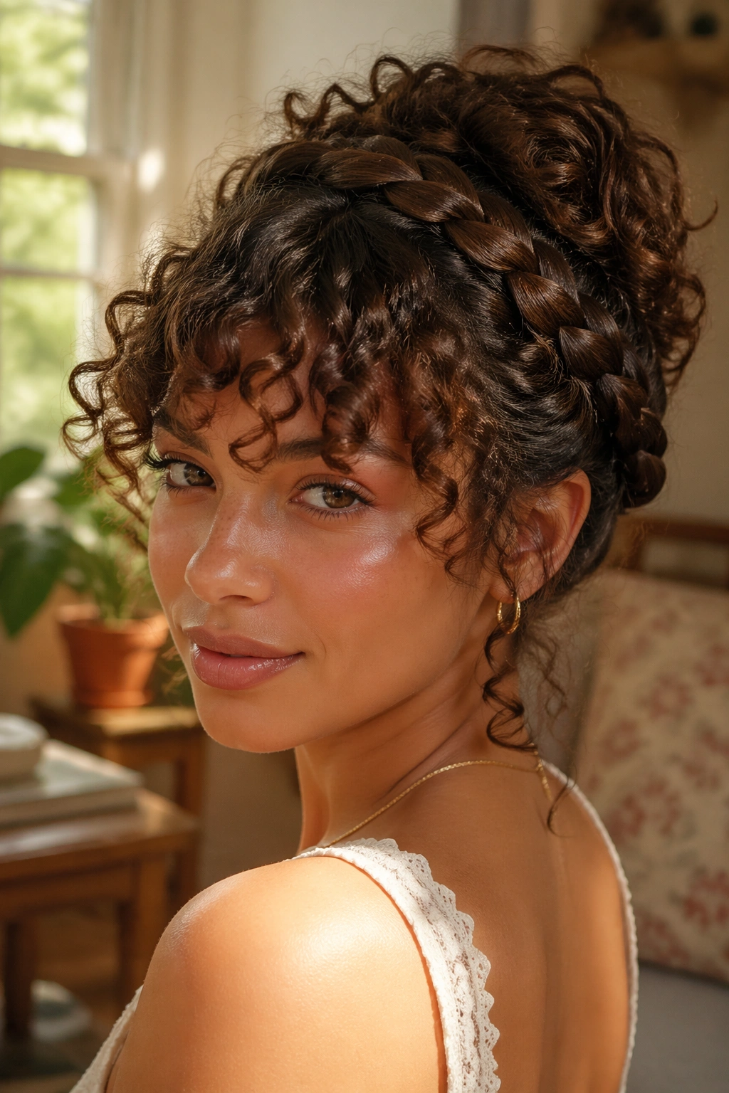 Real person wearing a braided crown bun with full curly bangs in warm light