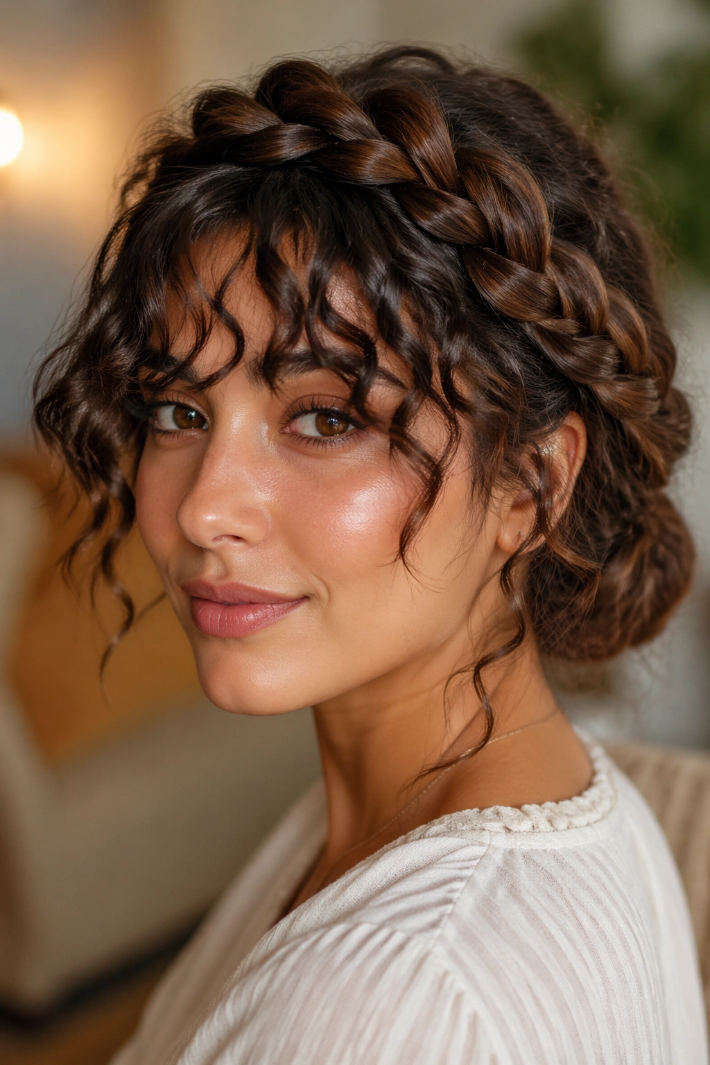Close-up of a real woman with a braided crown bun and loose curly bangs