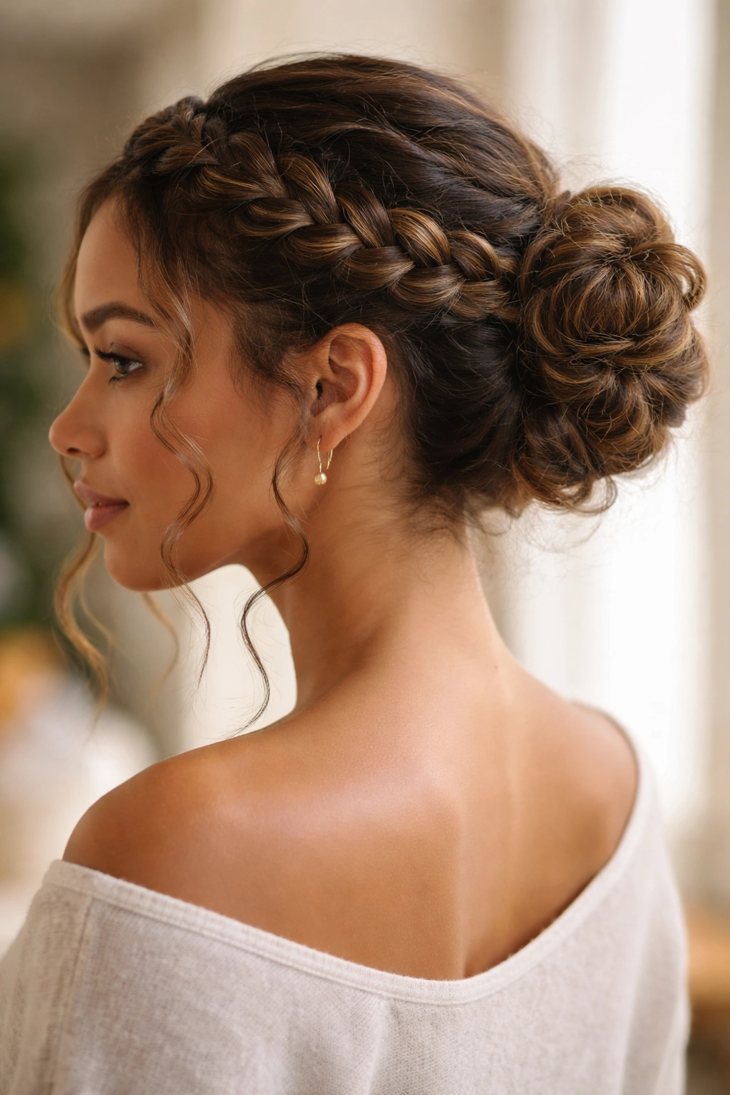 Close-up of a real woman wearing a braided crown bun