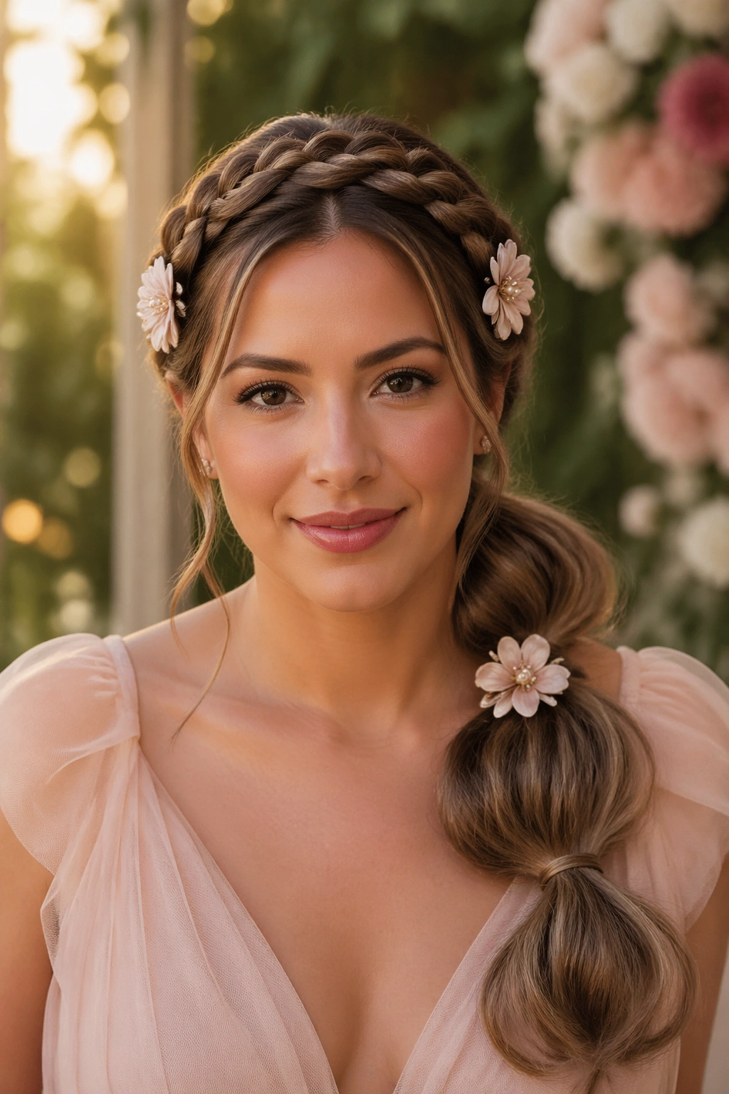 Front portrait of a real woman with braided crown butterfly ponytail and floral clips.