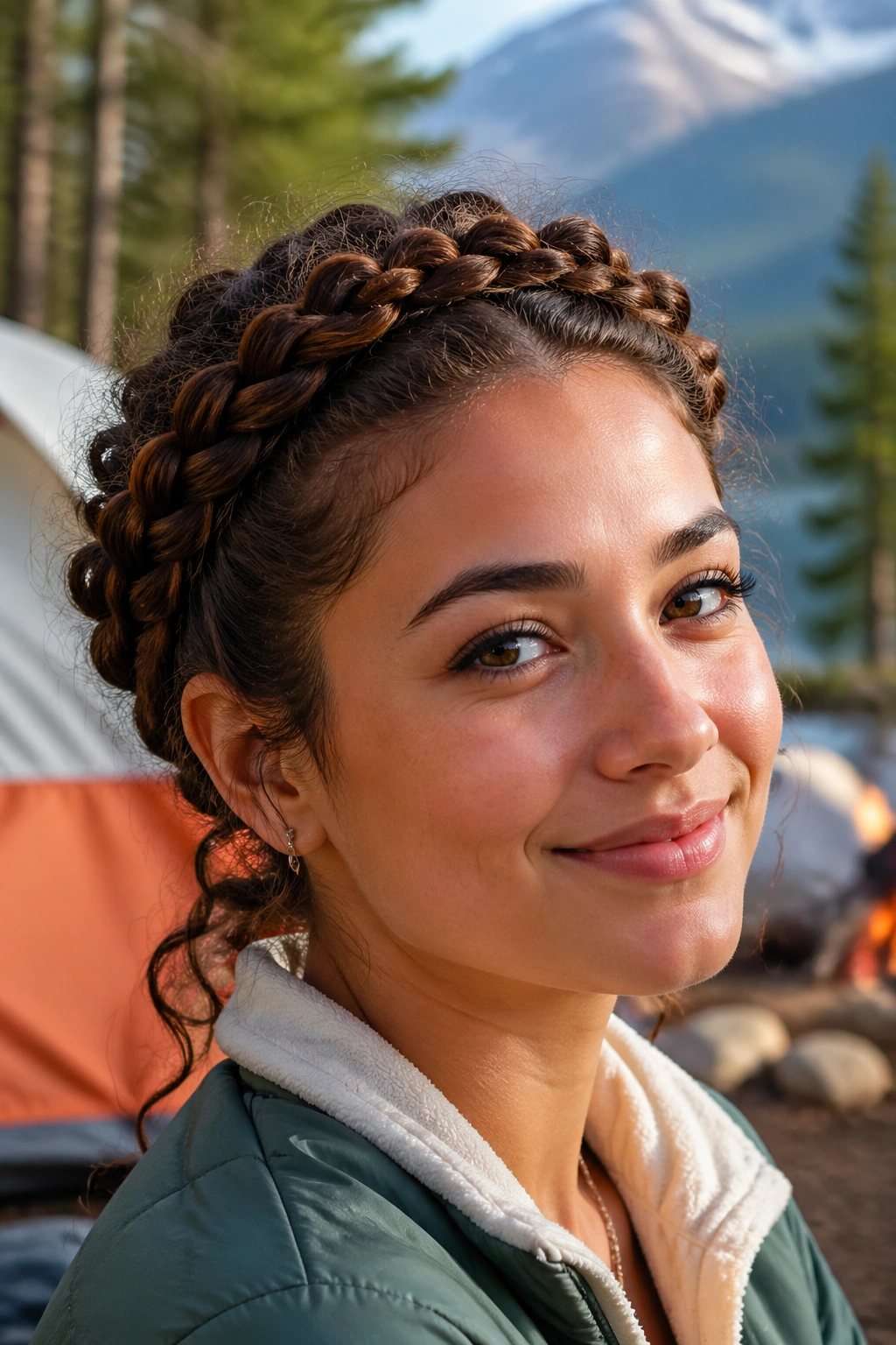 Portrait of a person wearing a braided crown to keep hair off the face in outdoor campsite