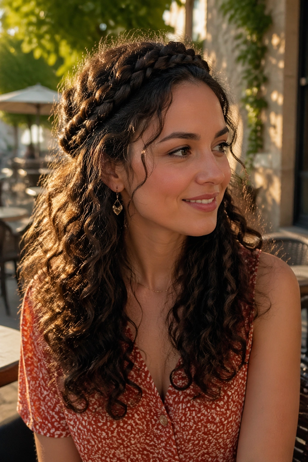 Wide shot of braided crown with cascading curls in a sunlit outdoor setting