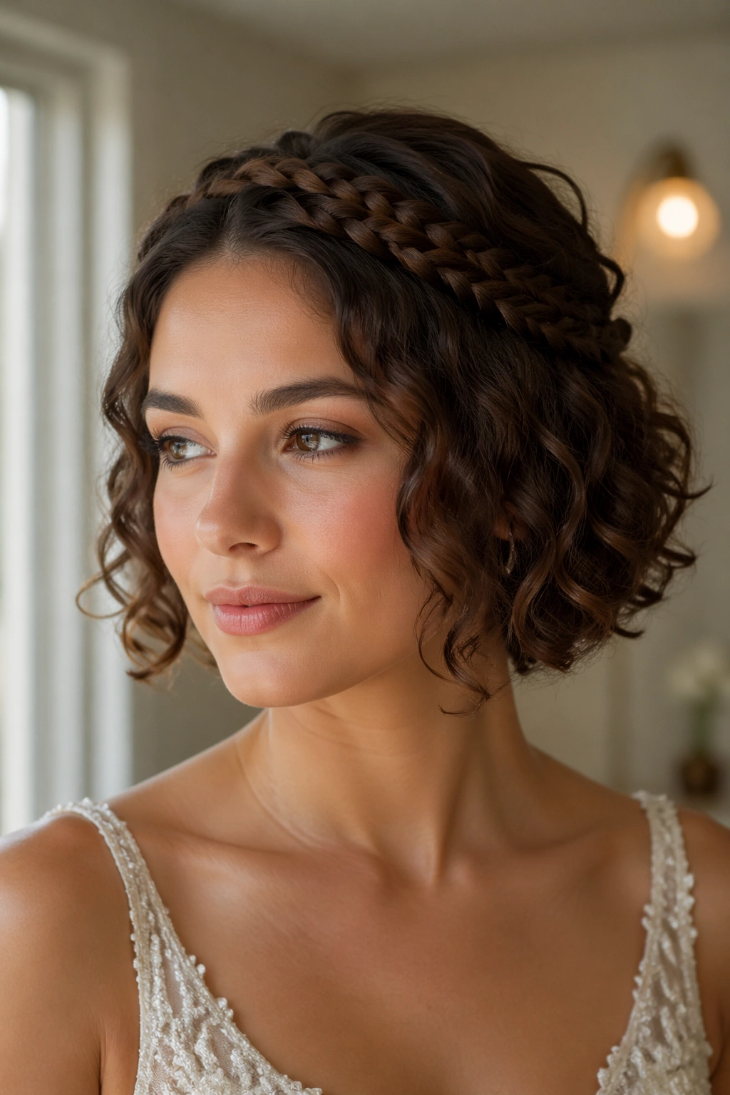 Portrait of a woman with a braided crown over chin-length curls in a sunlit room