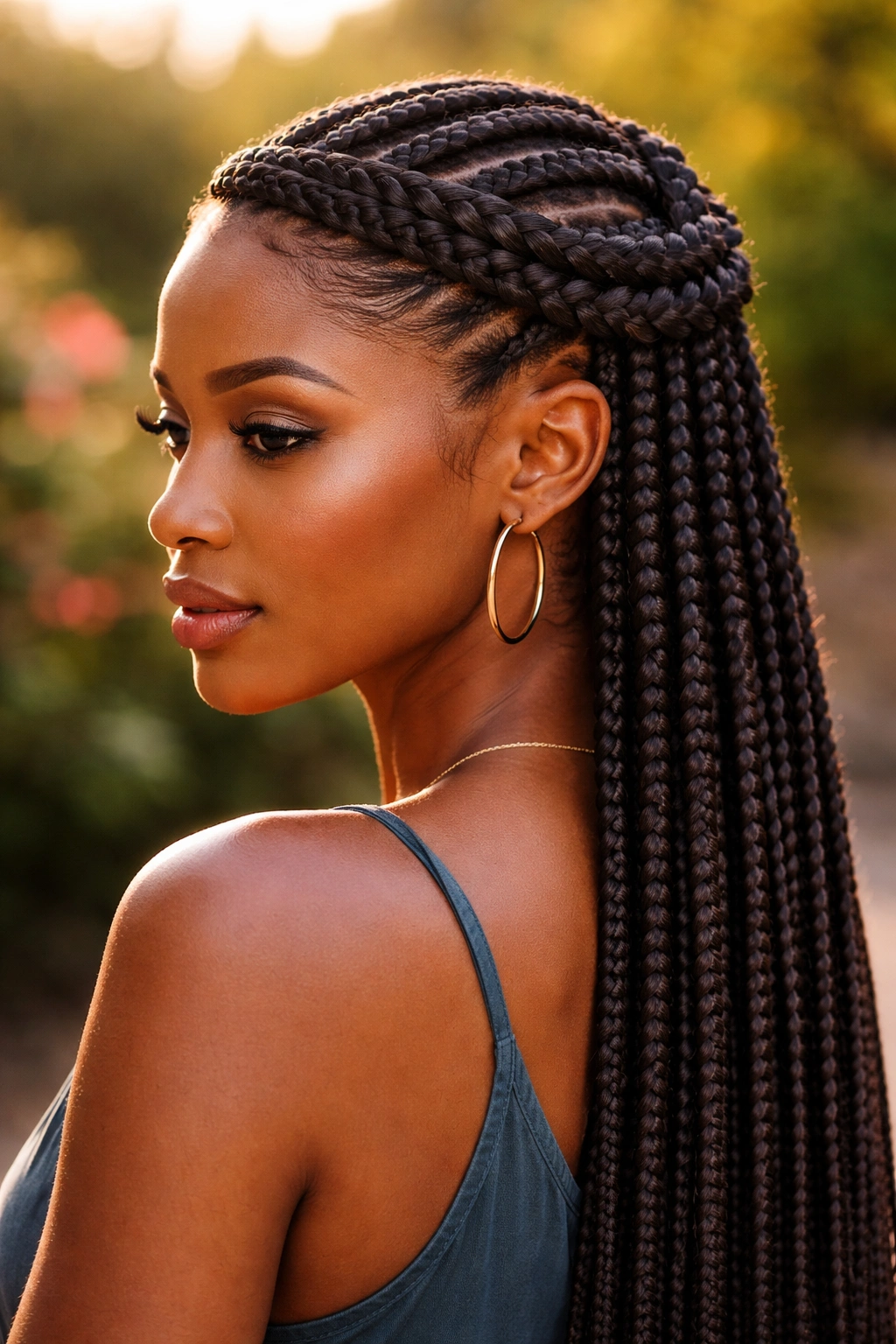 Close-up of Ghana cornrows with a braided crown on a real person