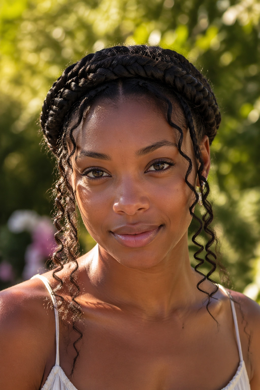 Close-up of real person with braided crown and curly drops outdoors