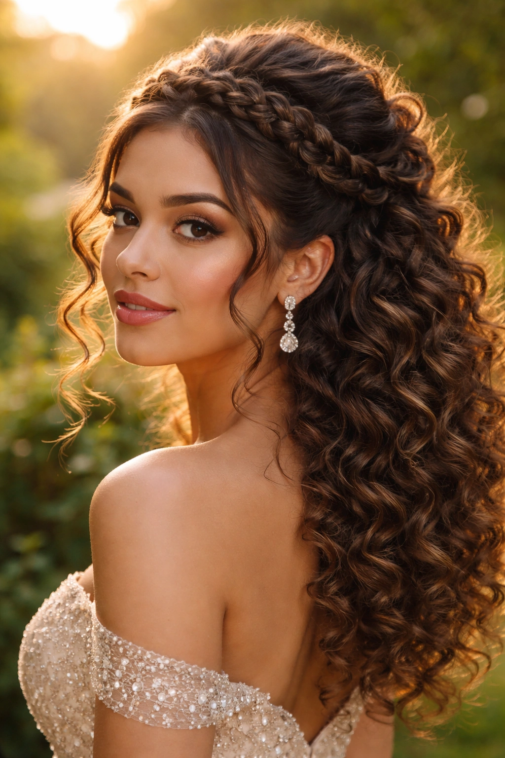 Close-up of a real woman with braided crown wrapped around full curls.
