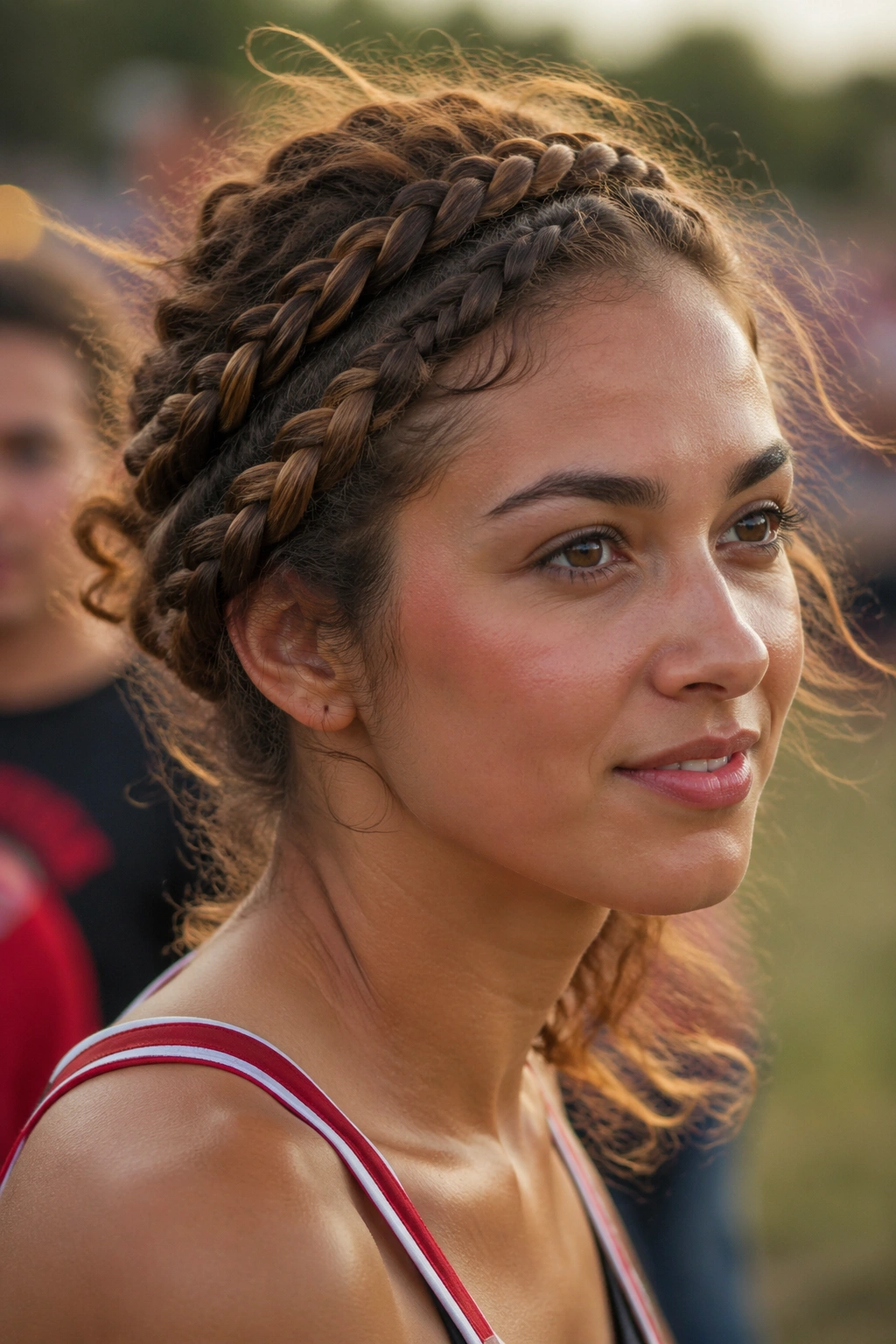 Close-up portrait of a real person with a braided crown hairstyle