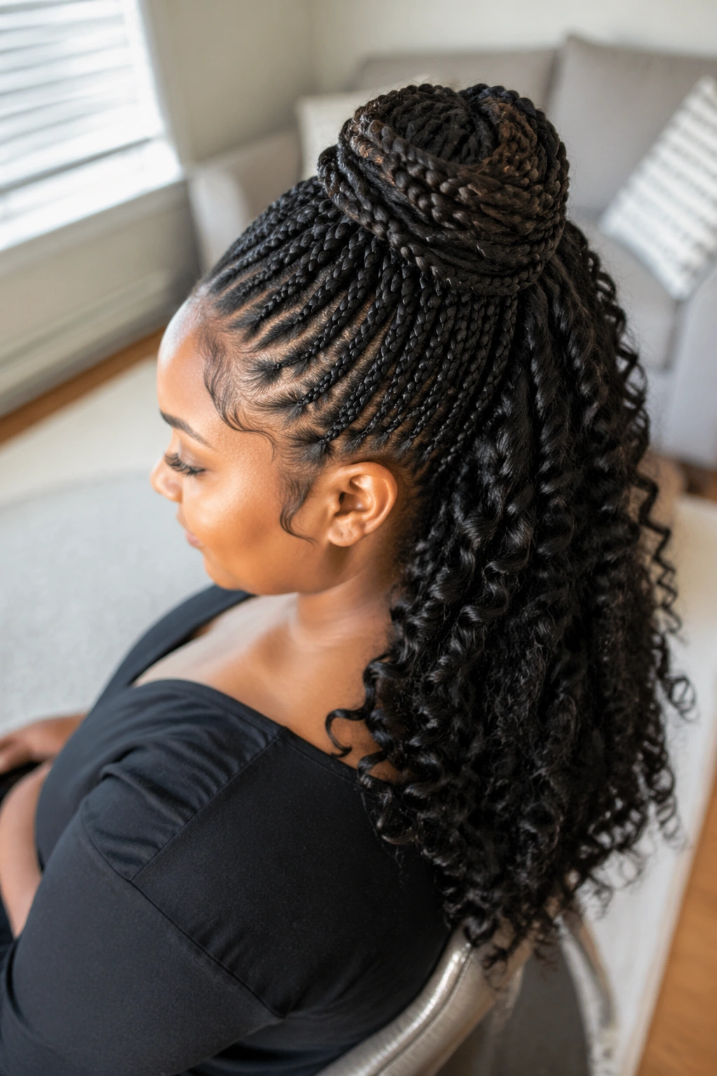 Portrait of braided front crown updo with curls cascading down the back on a real person.