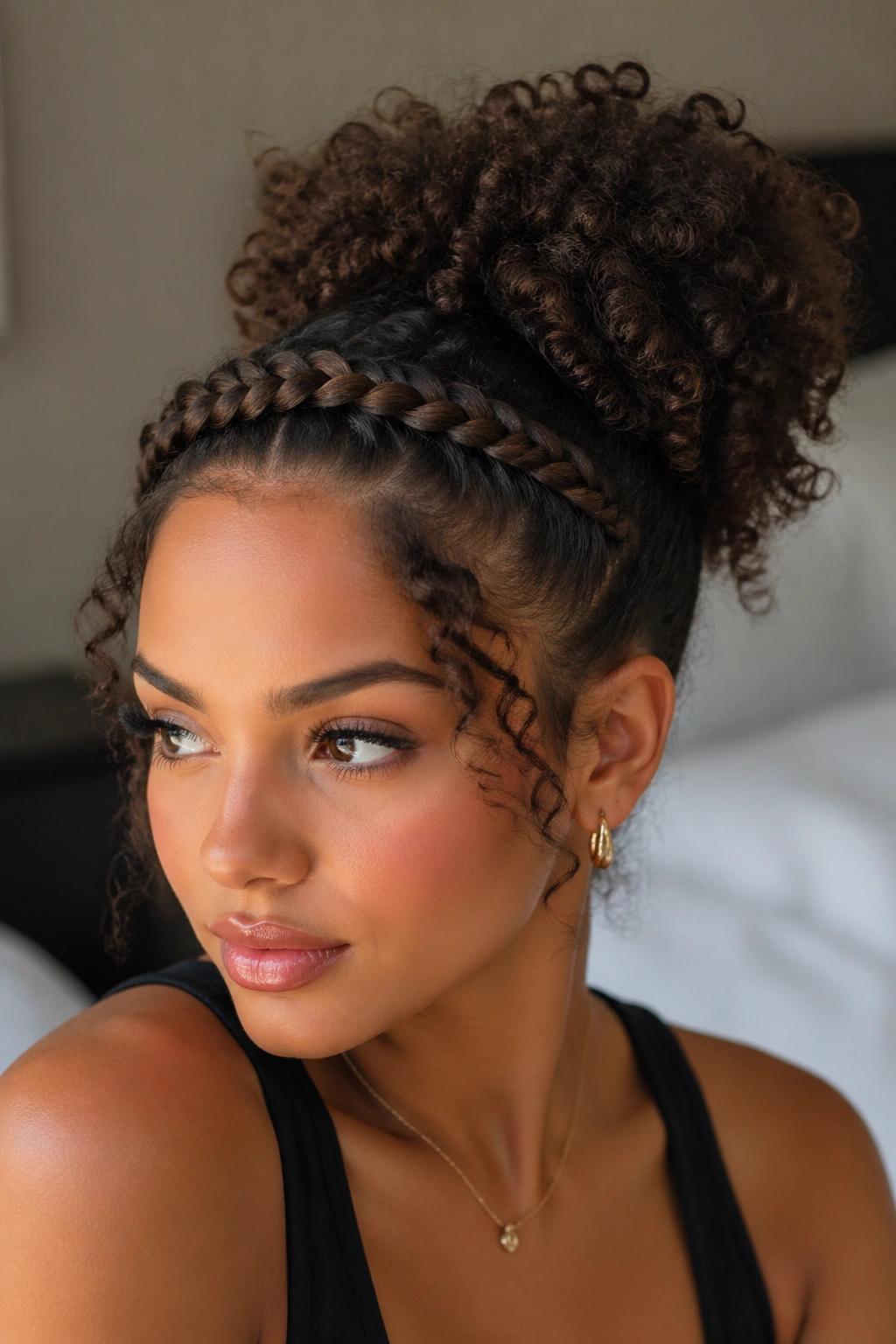 Close-up of a real woman with a braided crown along the hairline and a curly puff at the back