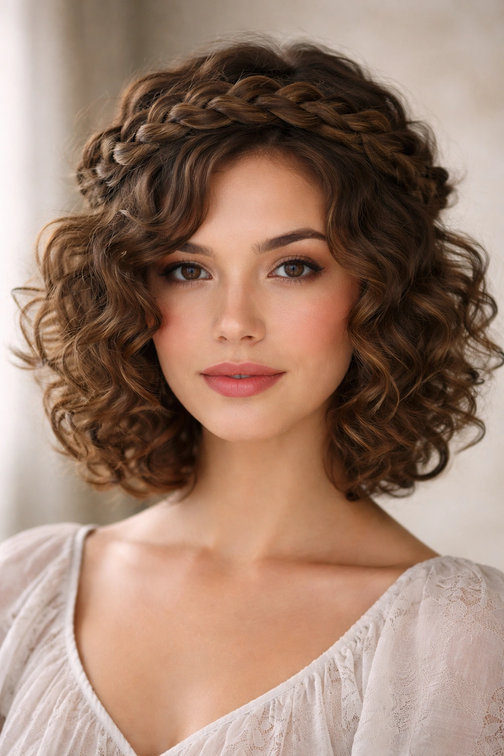 Front view of romantic braided crown on curly hair