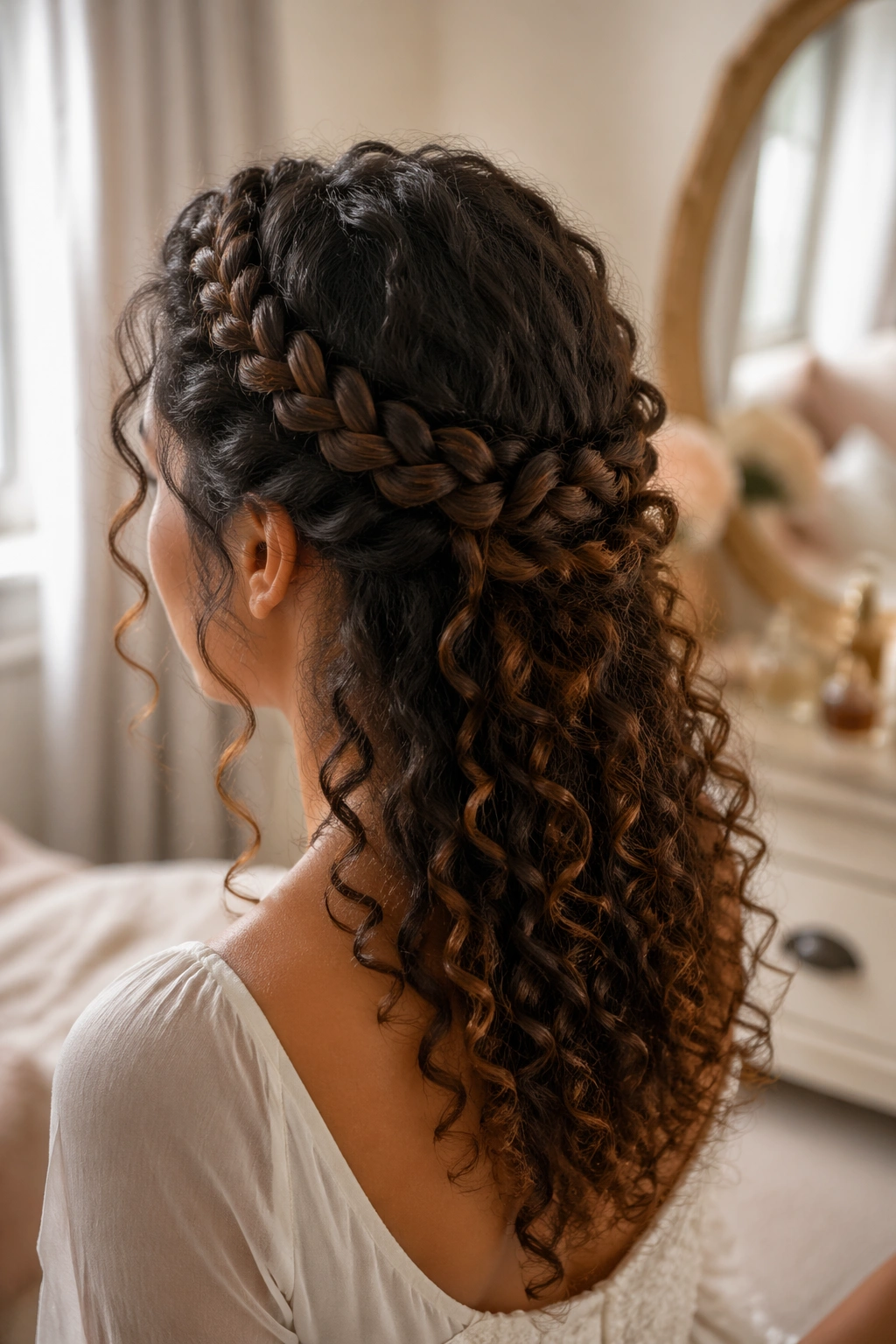 Braided crown with loose curls seen from over the shoulder.