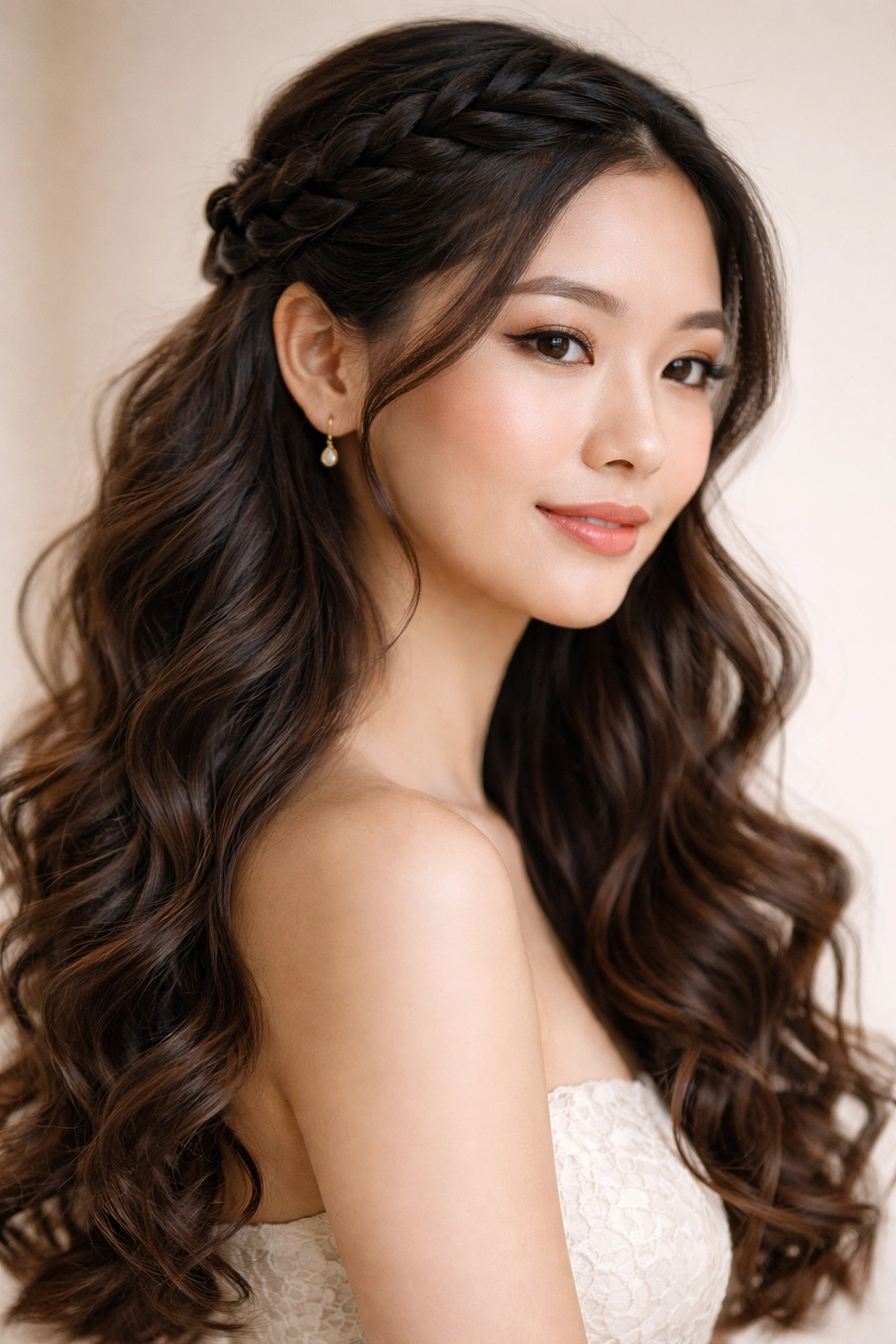Braided crown with soft curls cascading behind on a head