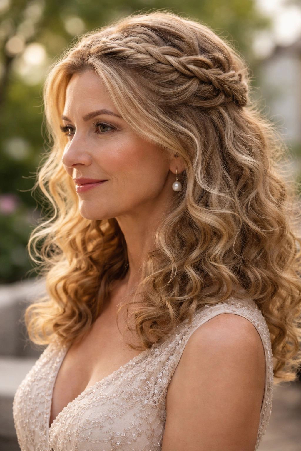 3/4 profile of a woman with a braided crown and loose curls underneath.