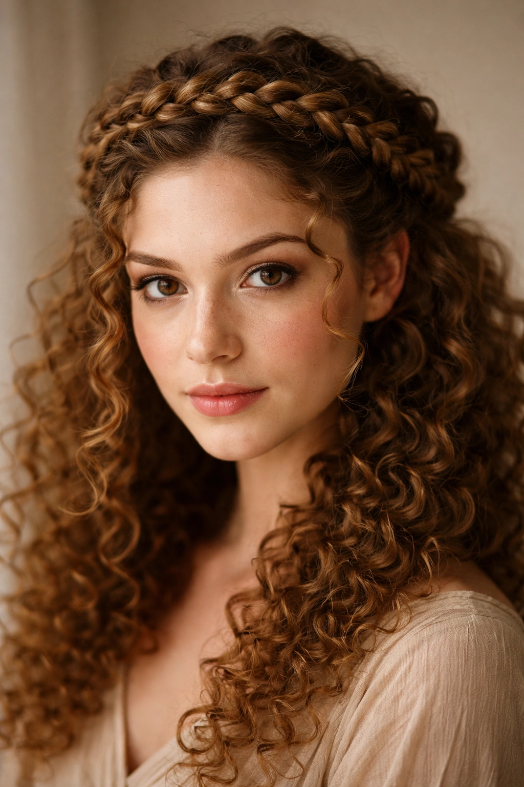 Close-up of a curly hairstyle featuring a classic braided crown encircling the head