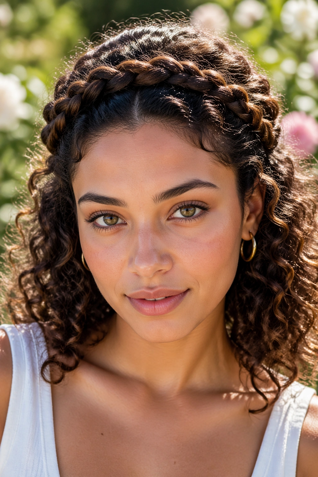 Close-up of a real woman with a braided crown hairstyle in a sunlit garden.